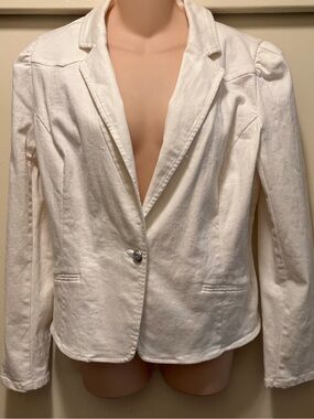 Macys I.N.C. International Concepts Women's White Denim Puff-Sleeve Blazer Large